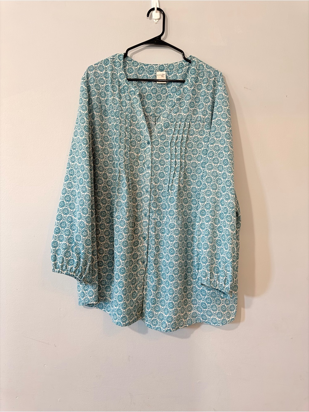Terra & Sky 2X Teal White Geometric Print Blouse Plus Size
